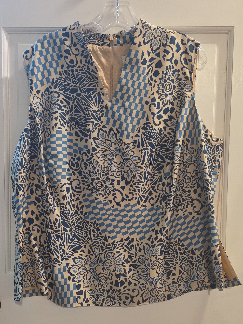 Adrianna Papell Cream and Blue Floral Check Sleeveless Blouse